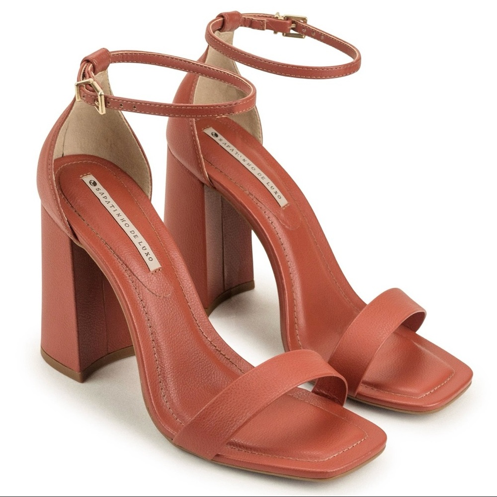 New Terracotta Leather ankle strap Block Heels Sandals size 5 stylish comfy cute